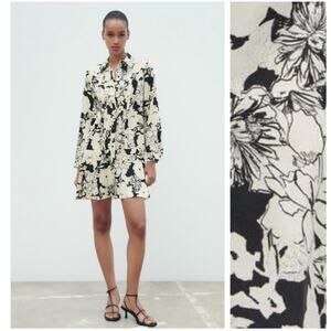 Zara Ecru and Black Floral Printed Mini Shirt Dress Size M